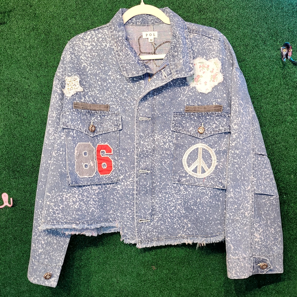 529 NWOT POL Speckled Blue Jacket with Patches - Picture 1 of 1